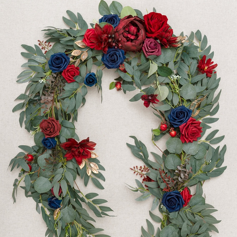 Red and Navy Rose garland with eucalyptus leaves